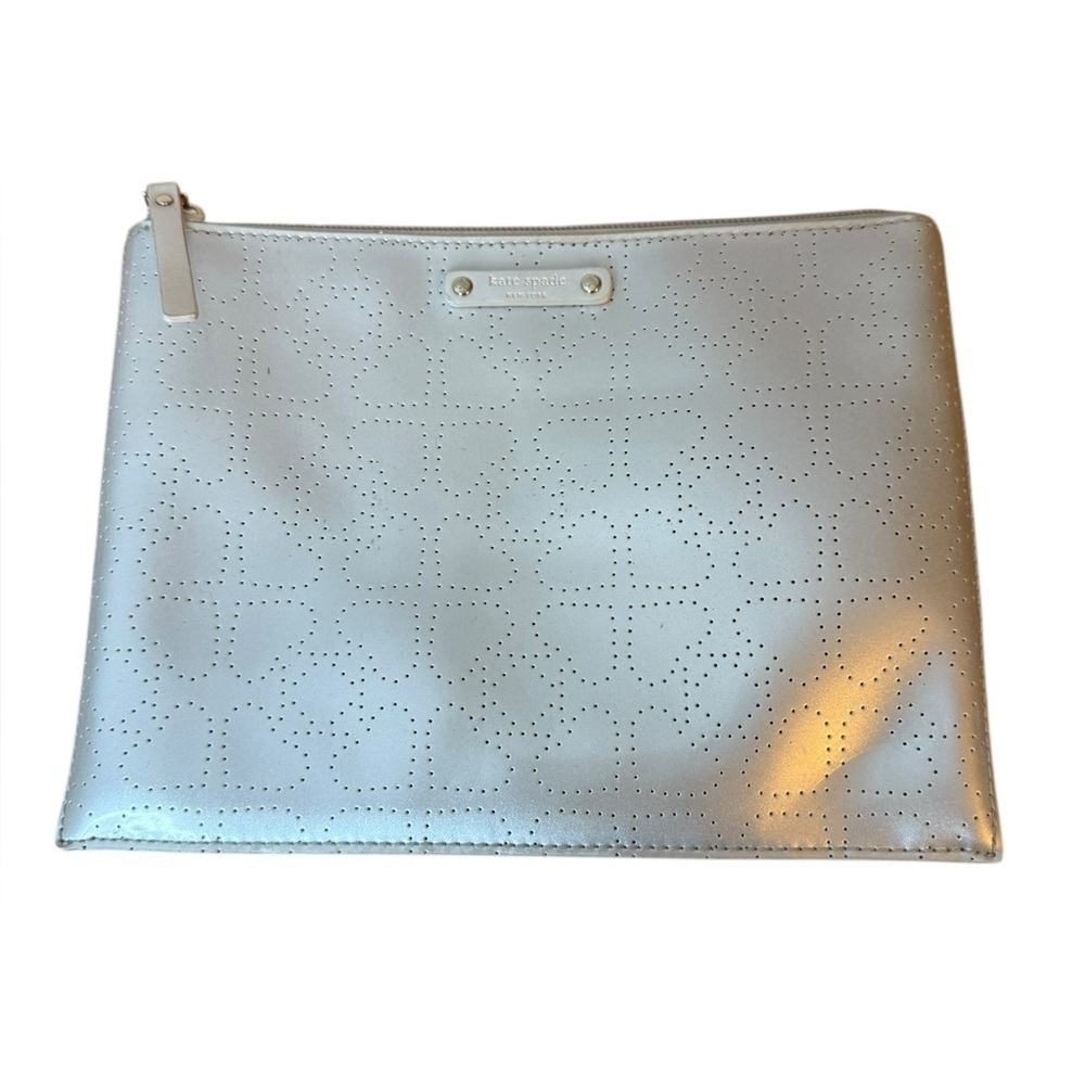 Kate Spade Silver Metallic Perforated Heart Zip Pouch